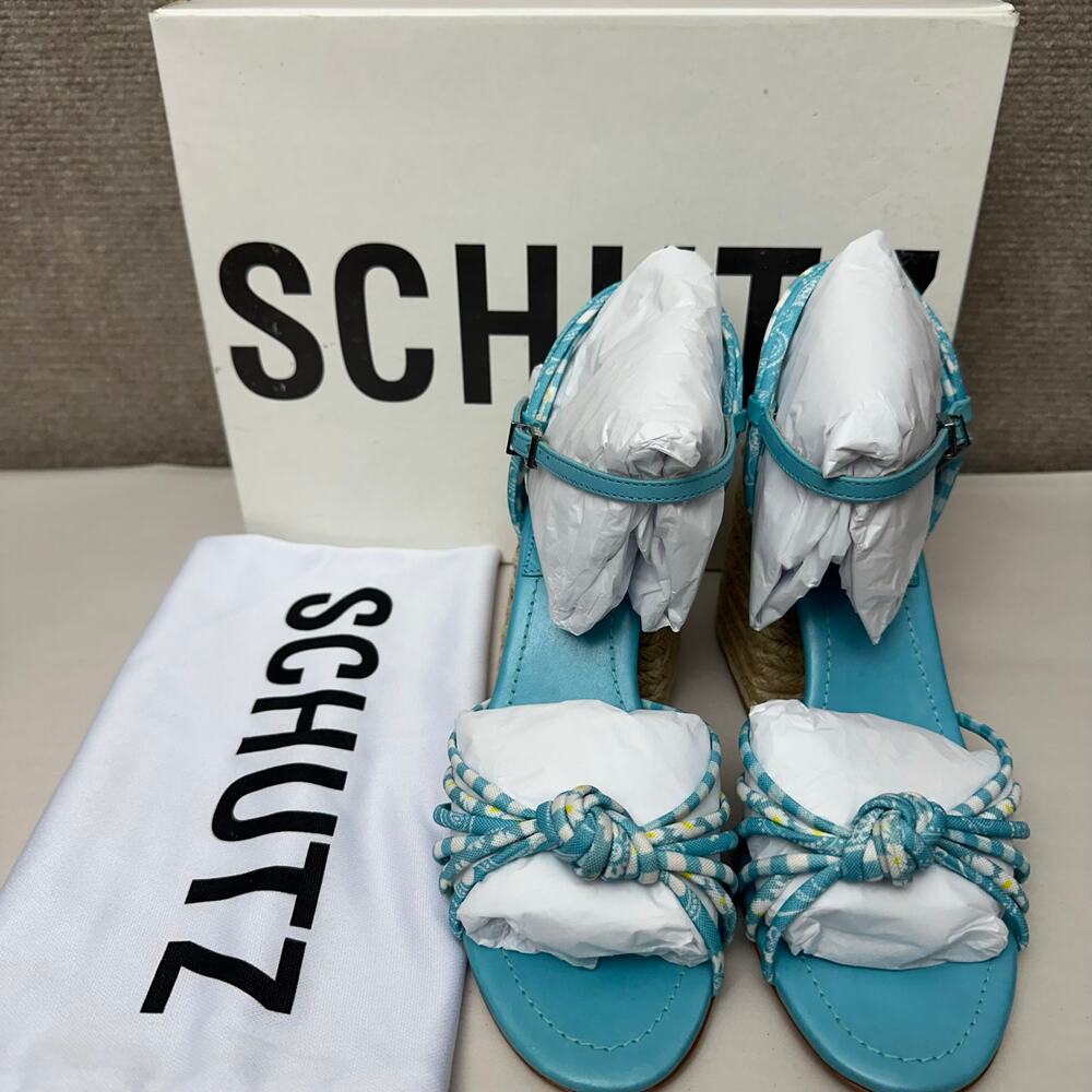 Schutz Dahra Blue Gingham Fabric Knot Strappy Rope Espadrille Block Heel Size 8 - Picture 9 of 10